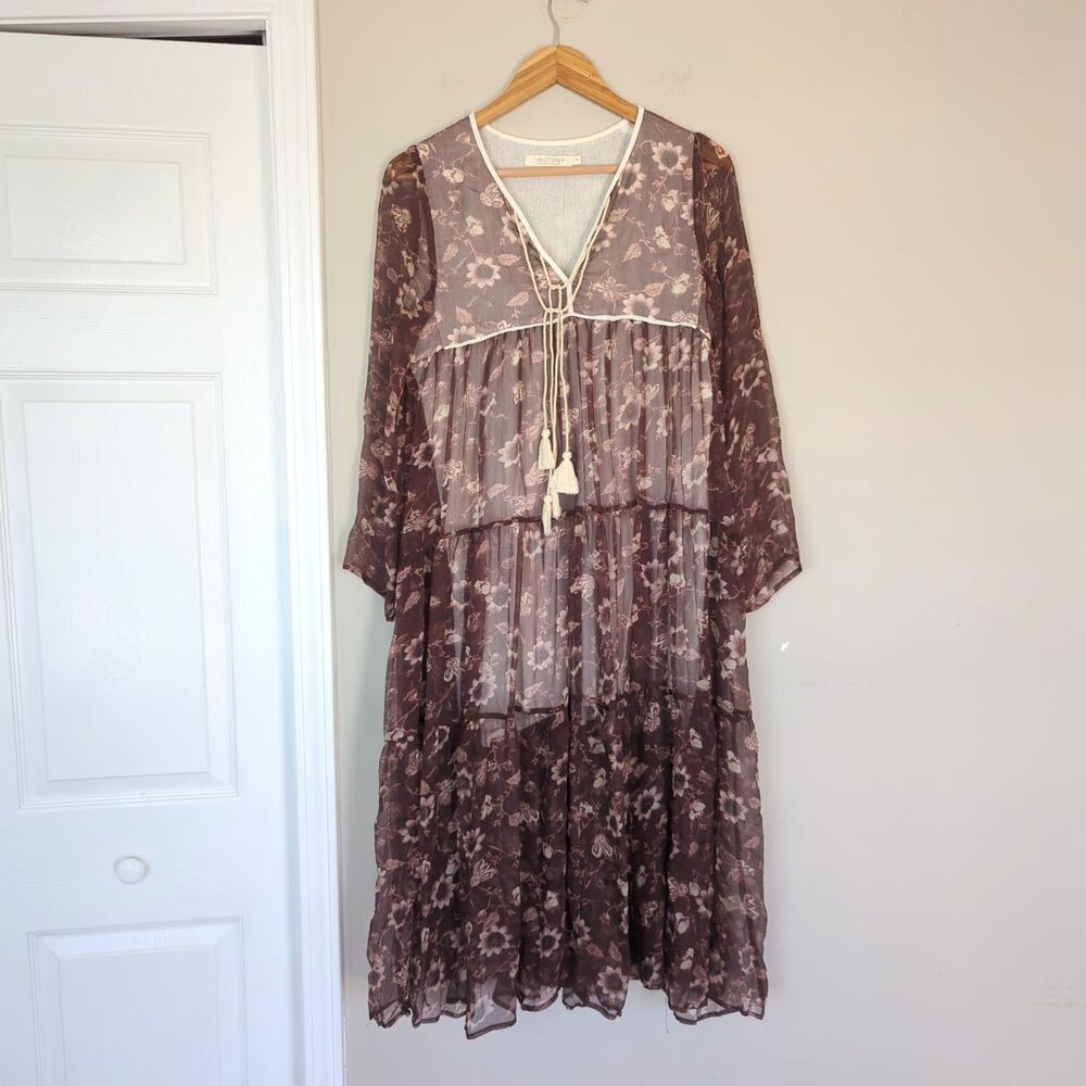 Christy Dawn Plum Floral Paloma Midi Dress Sheer XS Boho Oversized Relaxed